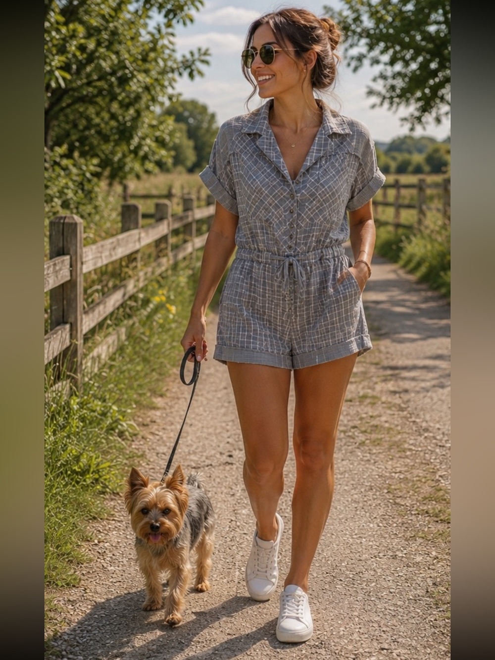 POL Gray Plaid Short Sleeve Romper